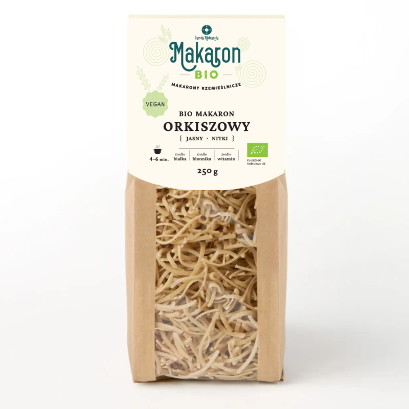 Makaron Orkiszowy jasny BIO vegan nitki 250 g., Makaron Orkiszowy jasny nitki